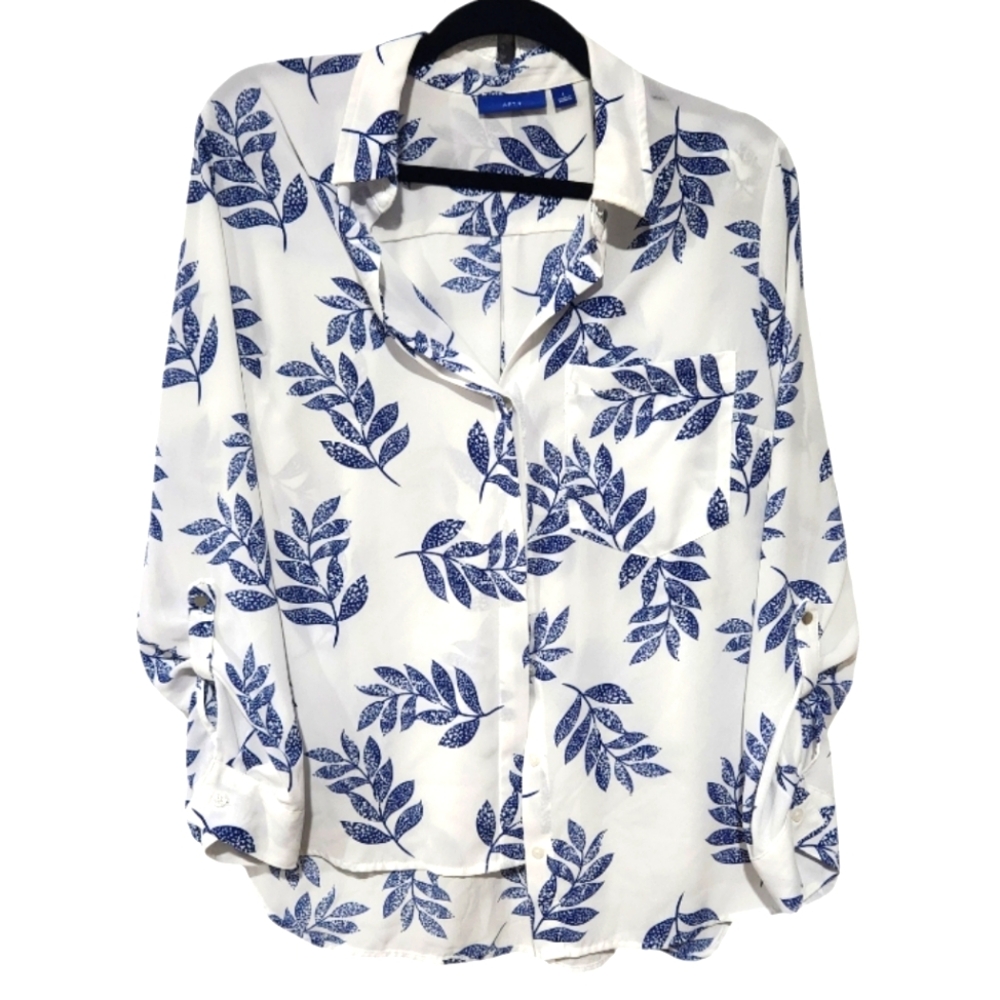 Apt 9 Women's Button Up Dress Shirt Blouse Blue Palm - Large